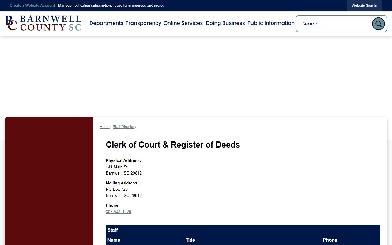 Barnwell County Clerk of Court and Register of Deeds staff directory