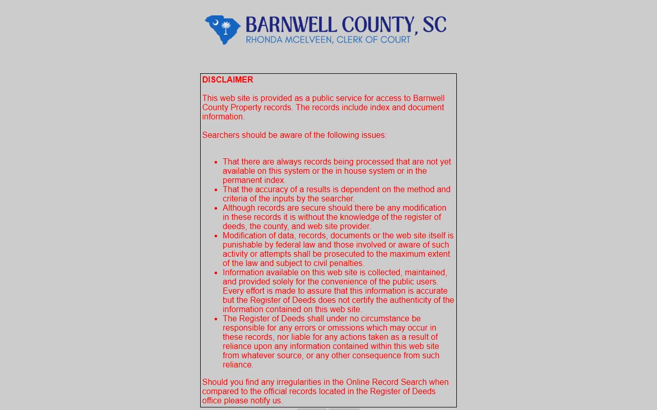 Barnwell County Clerk of Court and Register of Deeds online record system