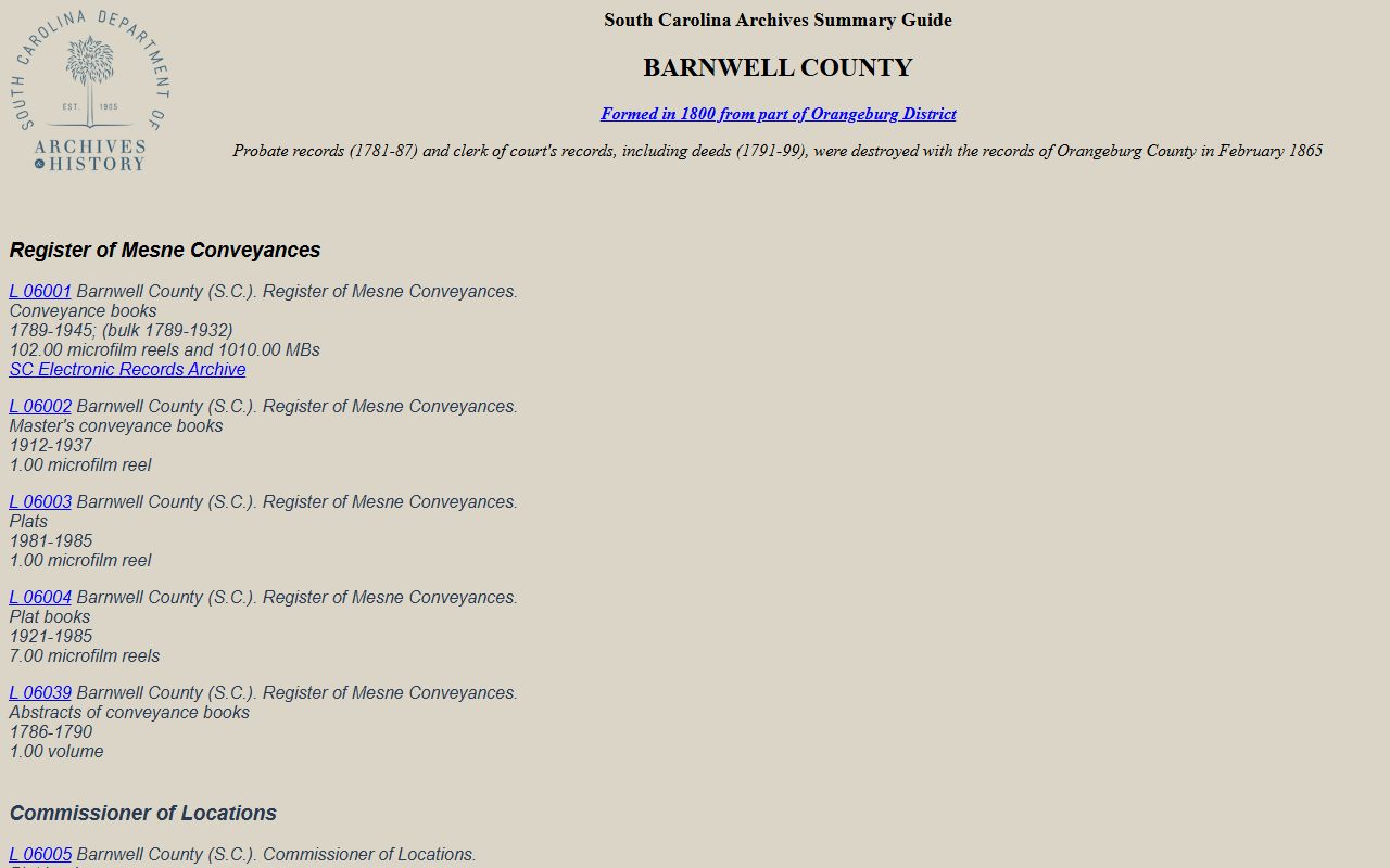 Barnwell County Clerk of Court records South Carolina Archives county guide