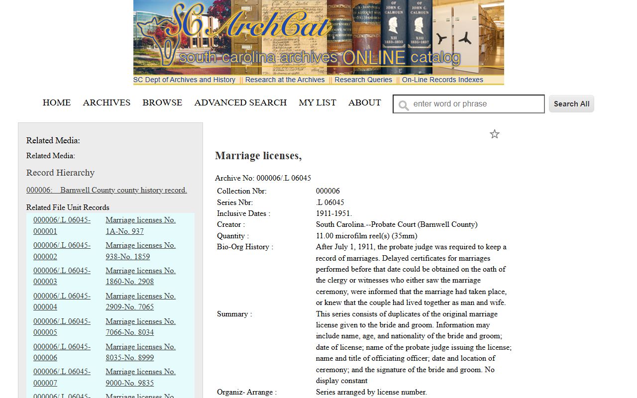Barnwell County Clerk of Court records marriage license microfilm archive
