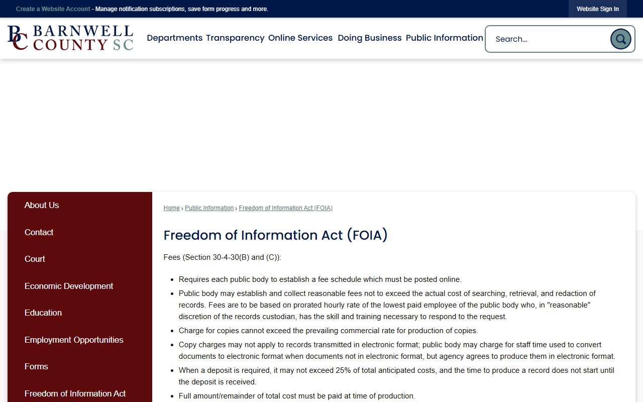 Barnwell County court records FOIA fee rules page