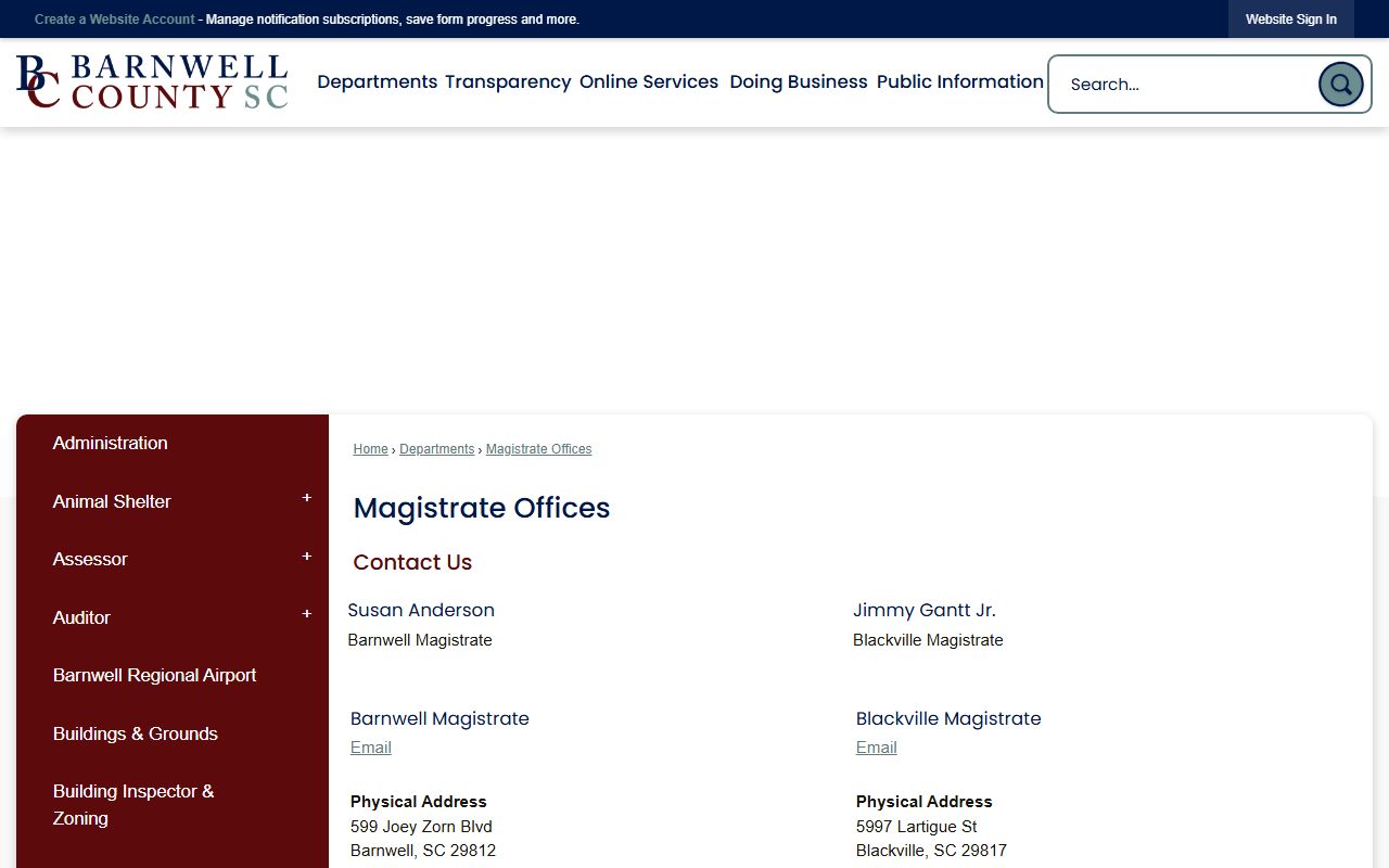Barnwell County court records magistrate offices page