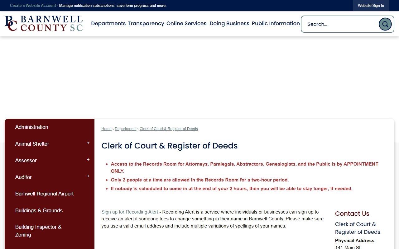 Barnwell County court records Clerk of Court and Register of Deeds page